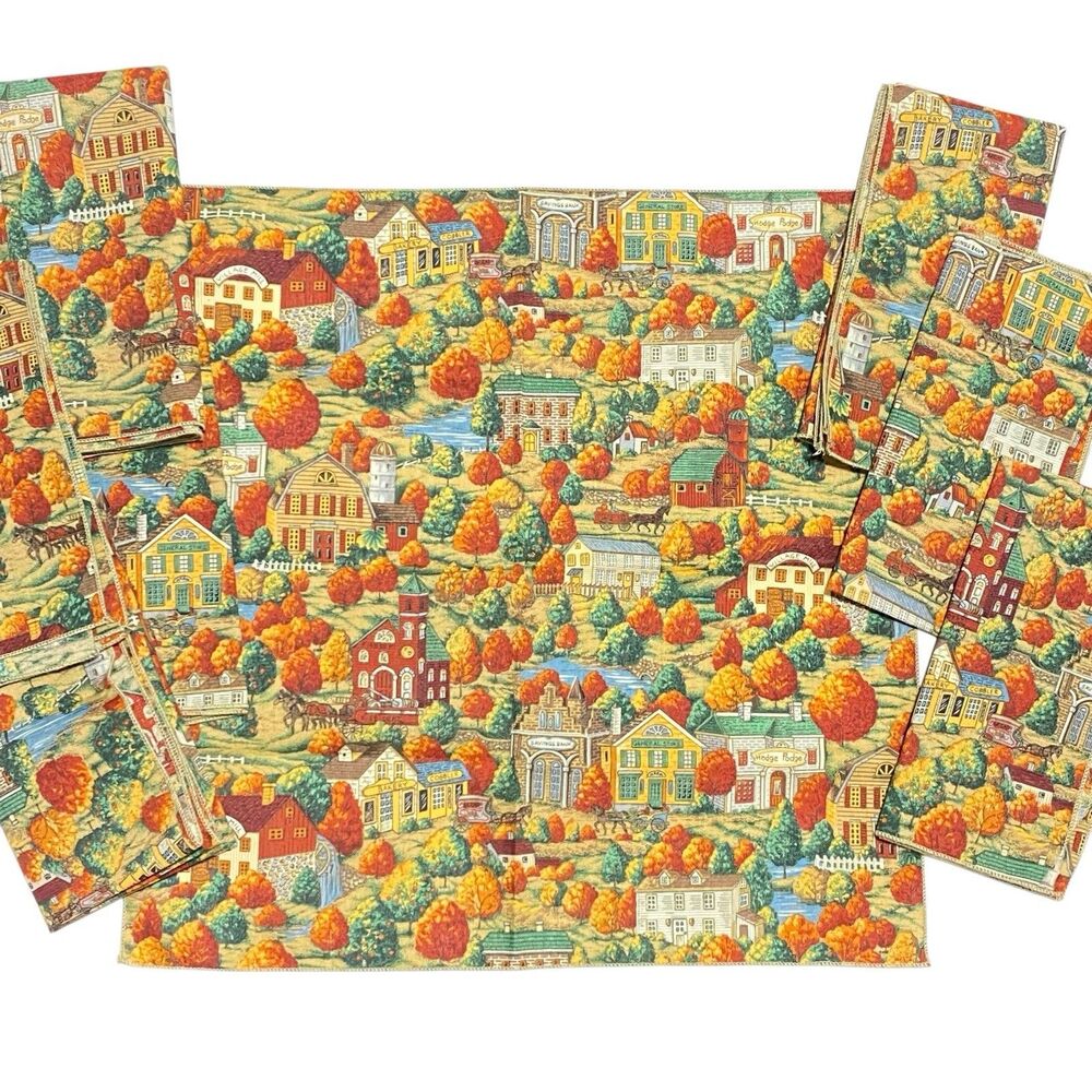 8 Autumn NEW ENGLAND Cloth Napkins 17x17 Quaint FOLK ART Shops TOWN SCENE Trees